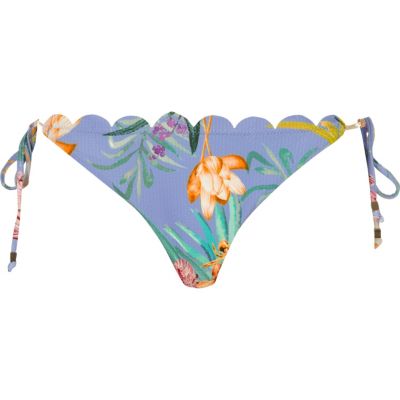 Blue floral scalloped string bikini bottoms